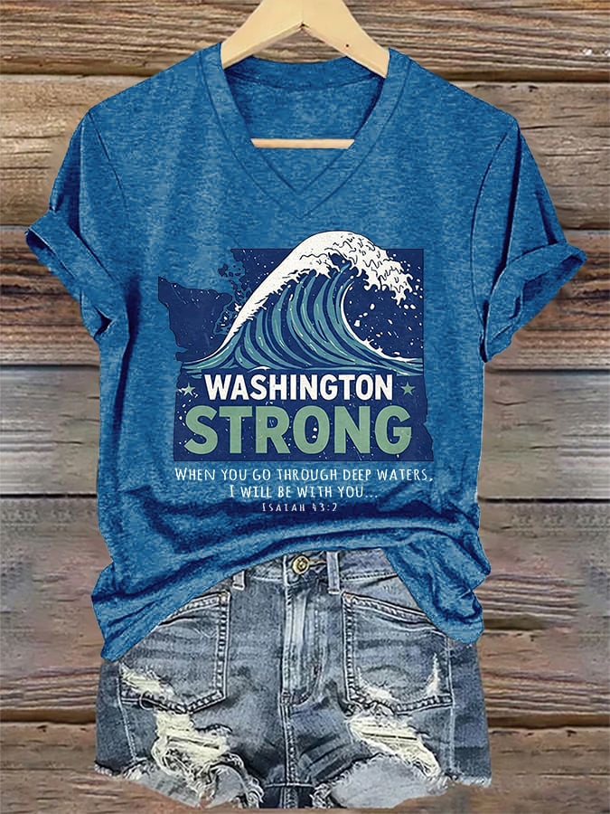 V-Neck Retro Washington Strong When You Go Through Deep Waters, I Will Be With You Isaiah 43:2 Print T-Shirt