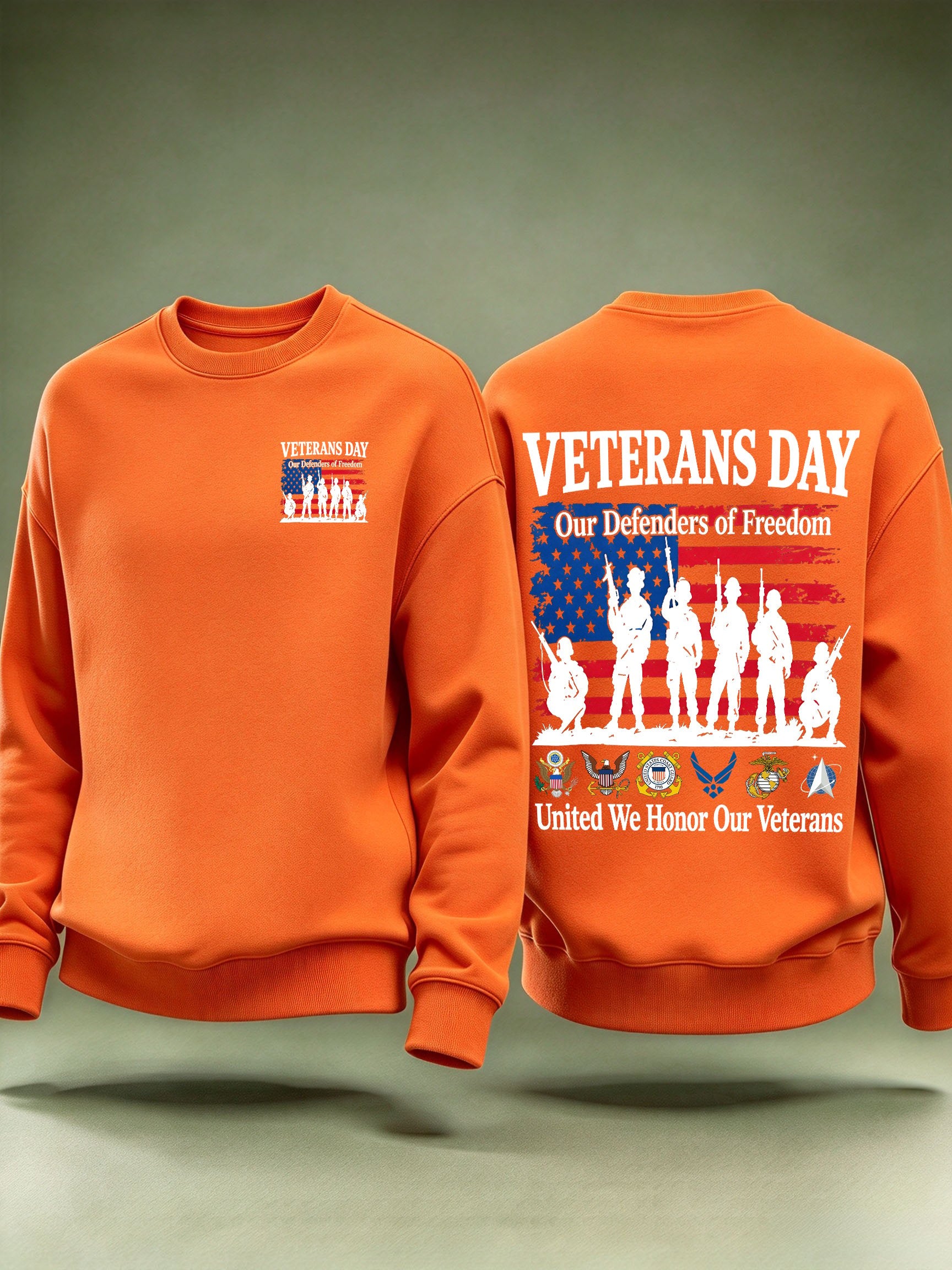 Men's Veterans Day Sweatshirt, Our Defenders of Freedom American Flag and Soldier Silhouettes