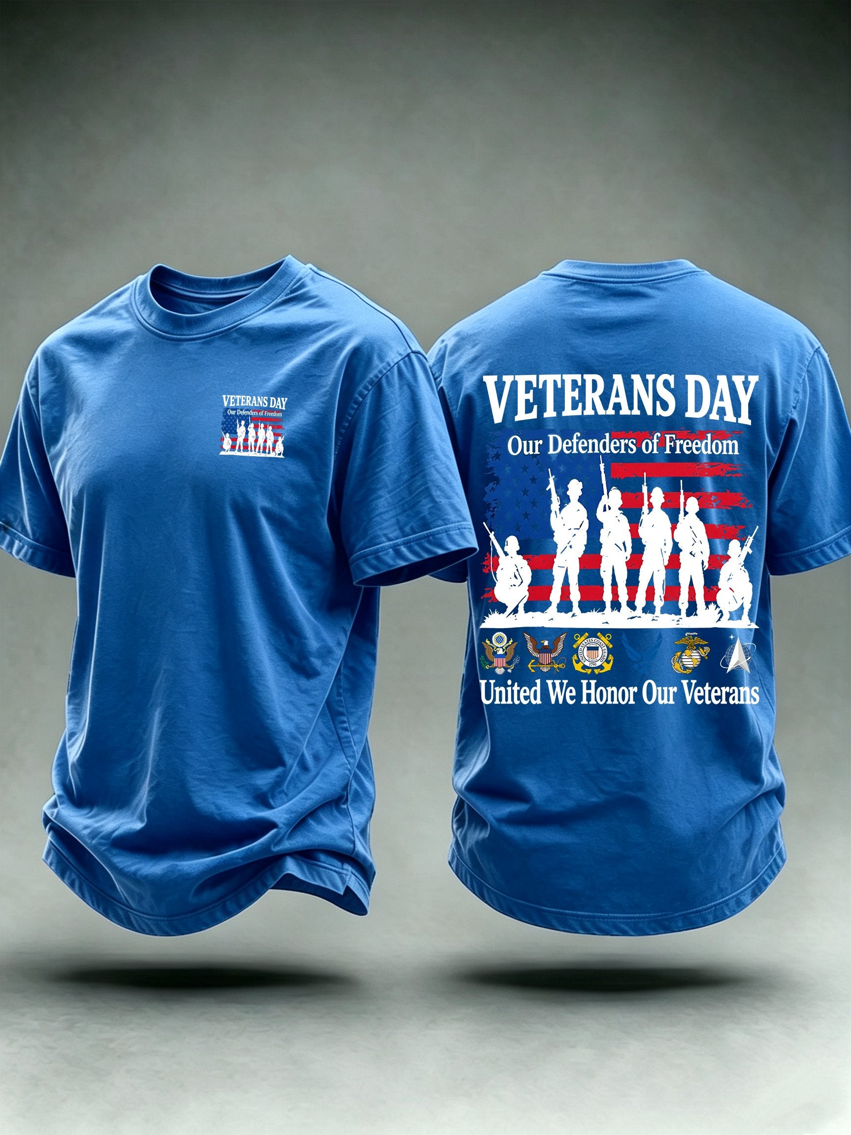 Men's Veterans Day Shirt, Our Defenders of Freedom American Flag and Soldier Silhouettes