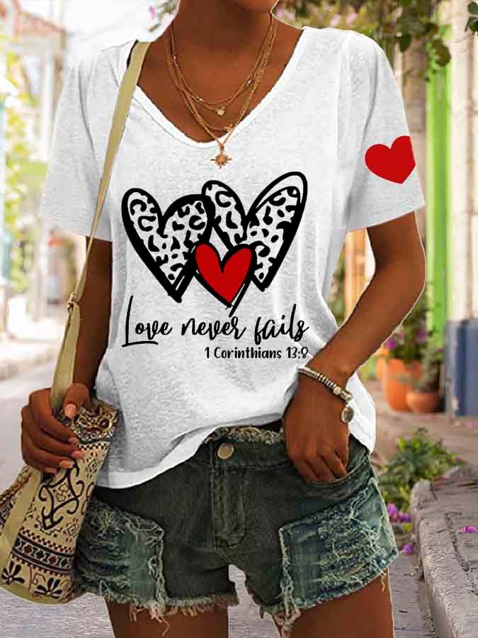 Women's Love Never Fails Heart Print V Neck Casual T-Shirt