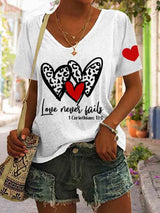 Women's Love Never Fails Heart Print V Neck Casual T-Shirt