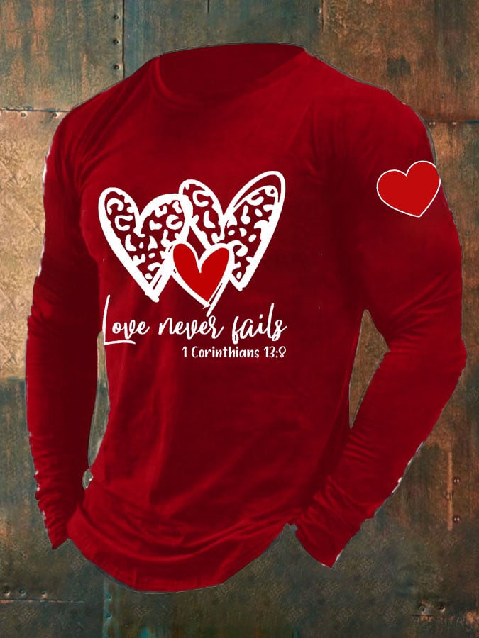 Men's Love Never Fails Heart Print Long Sleeve Top