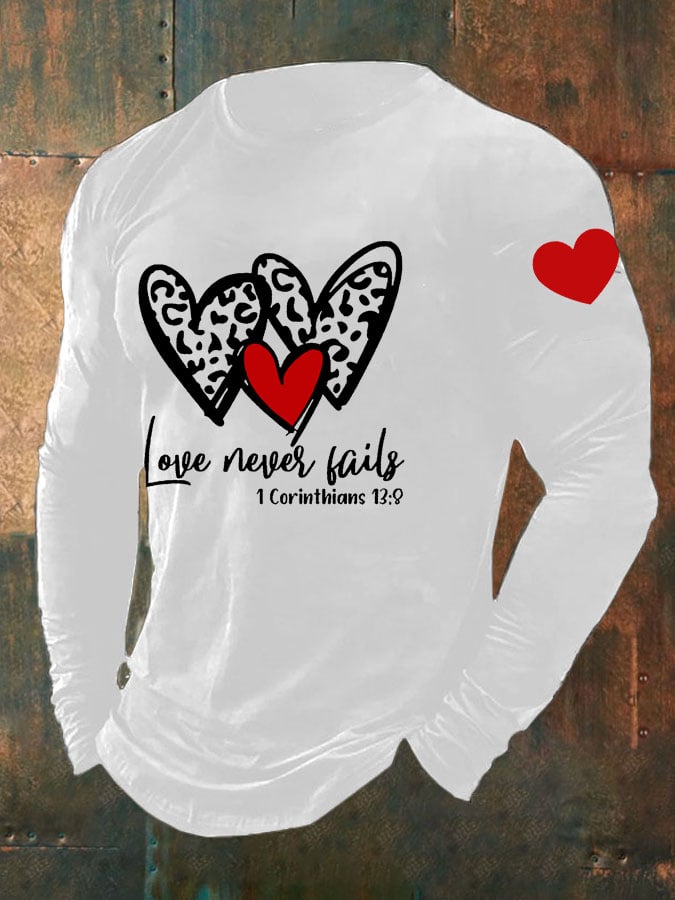 Men's Love Never Fails Heart Print Long Sleeve Top