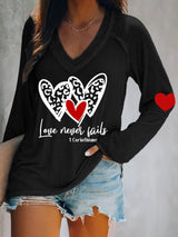 Women's Love Never Fails Heart Print V Neck T-Shirt