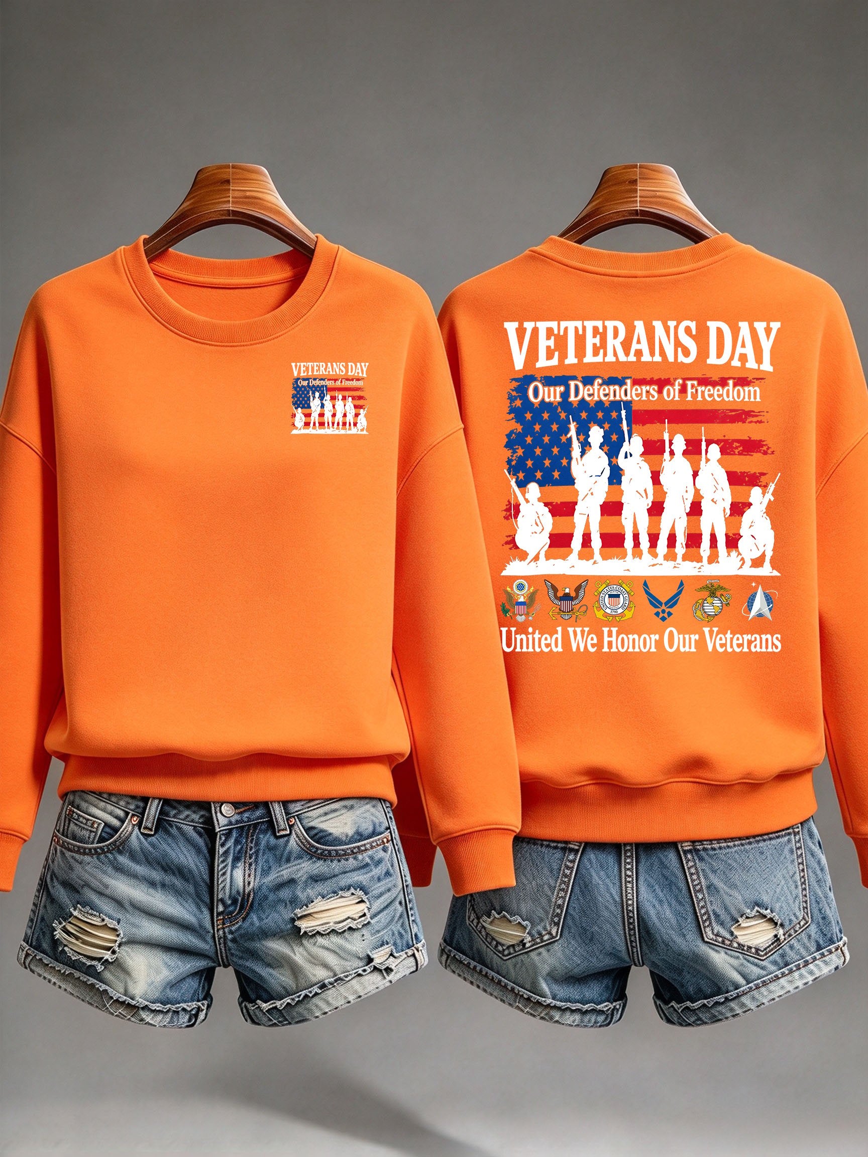 Women's Veterans Day Sweatshirt, Our Defenders of Freedom American Flag and Soldier Silhouettes