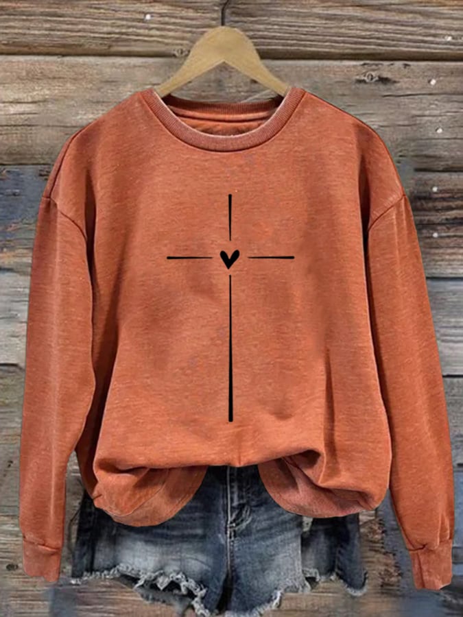 Women's Christian Cross Printed Round Neck Long Sleeve Sweatshirt