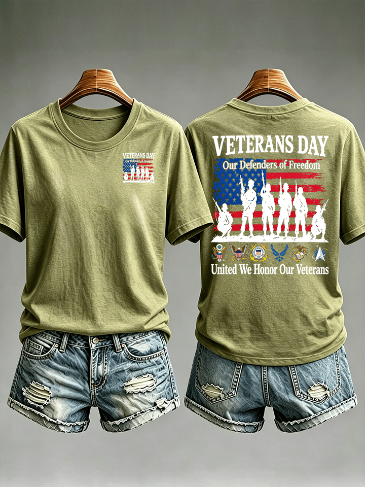 Women's Veterans Day Shirt, Our Defenders of Freedom American Flag and Soldier Silhouettes