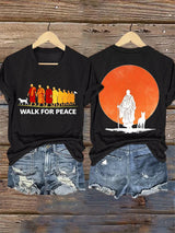 V-Neck Retro Walk For Peace Monks With Aloka Dog Print T-Shirt