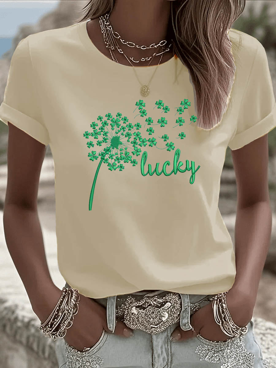 St. Patrick'S Day Lucky Dandelion Pattern Round-Neck 100% Cotton 180g T-Shirt