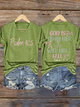 V-Neck Retro God Is Within Her She Will Not Fall Psalms 46:5 Print T-Shirt