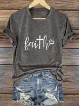 Women's Faith Cross Print Casual V-Neck T-Shirt