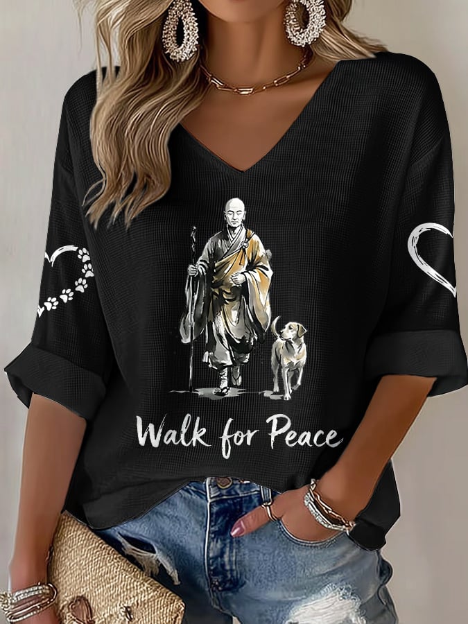 V-Neck Retro Walk For Peace Monks With Aloka Dog Print T-Shirt