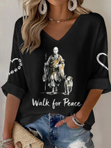 V-Neck Retro Walk For Peace Monks With Aloka Dog Print T-Shirt