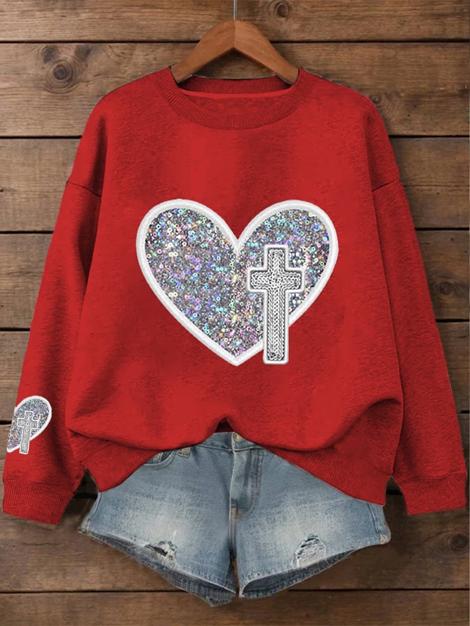 Women's Valentine's Day Love Heart Cross Printed Sweatshirt