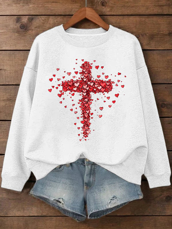 Women's Valentine's Day Love Heart Cross Printed Sweatshirt