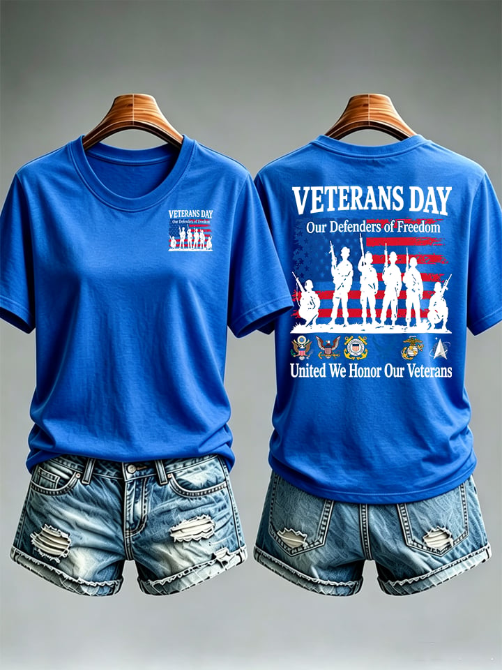 Women's Veterans Day Shirt, Our Defenders of Freedom American Flag and Soldier Silhouettes
