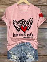 Women's Love Never Fails Heart Printed Casual V-Neck T-Shirt