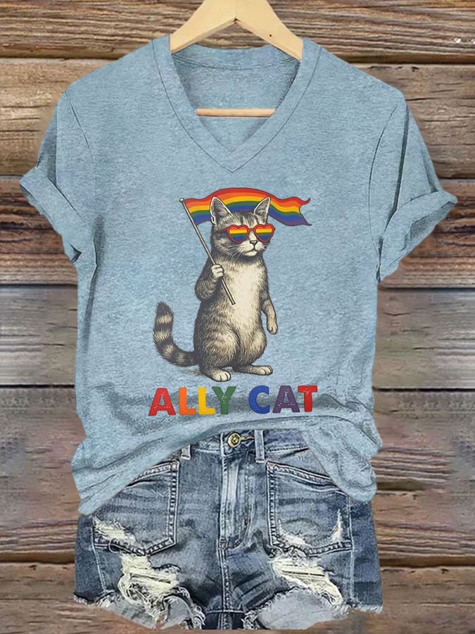 Women's Ally Cat Print V Neck T-Shirt