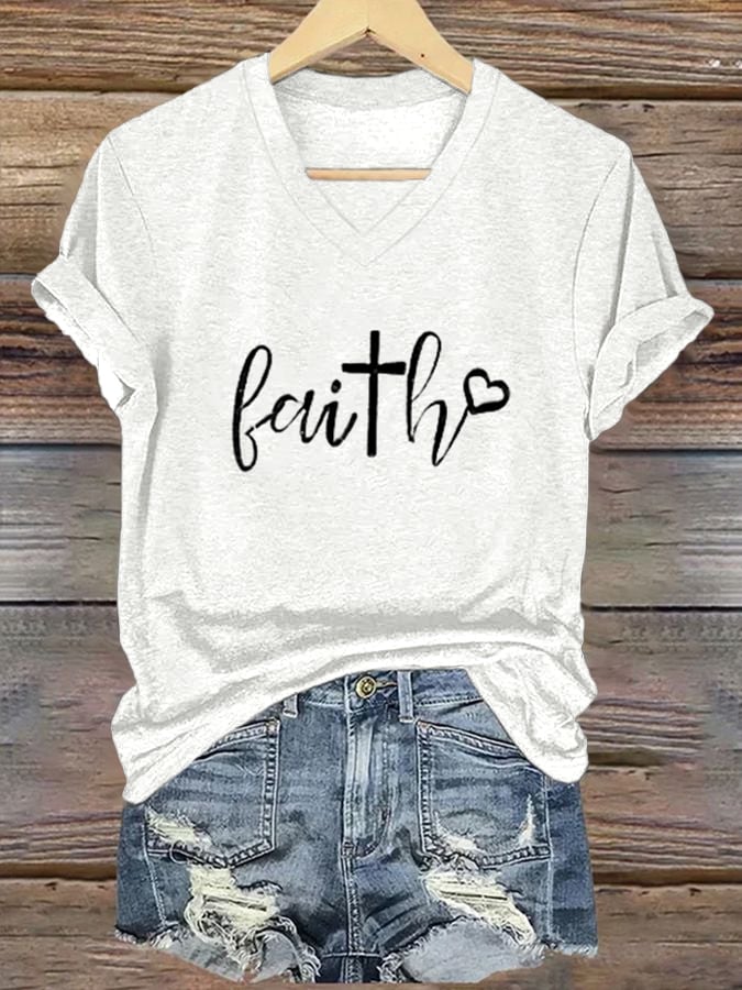Women's Faith Cross Print Casual V-Neck T-Shirt