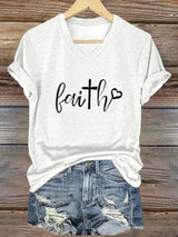 Women's Faith Cross Print Casual V-Neck T-Shirt