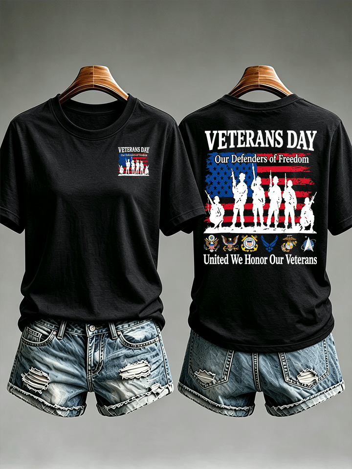 Women's Veterans Day Shirt, Our Defenders of Freedom American Flag and Soldier Silhouettes