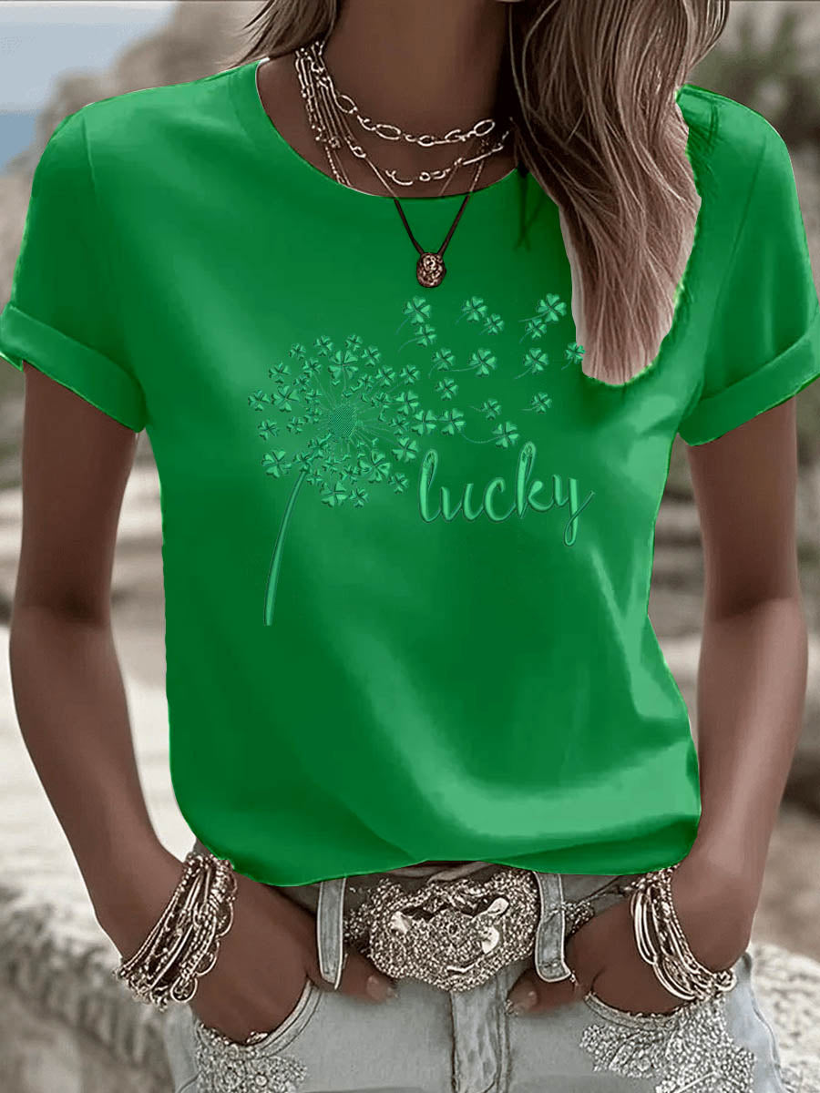 St. Patrick'S Day Lucky Dandelion Pattern Round-Neck 100% Cotton 180g T-Shirt