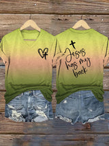 Women's Jesus Has My Back Print V Neck T-Shirt