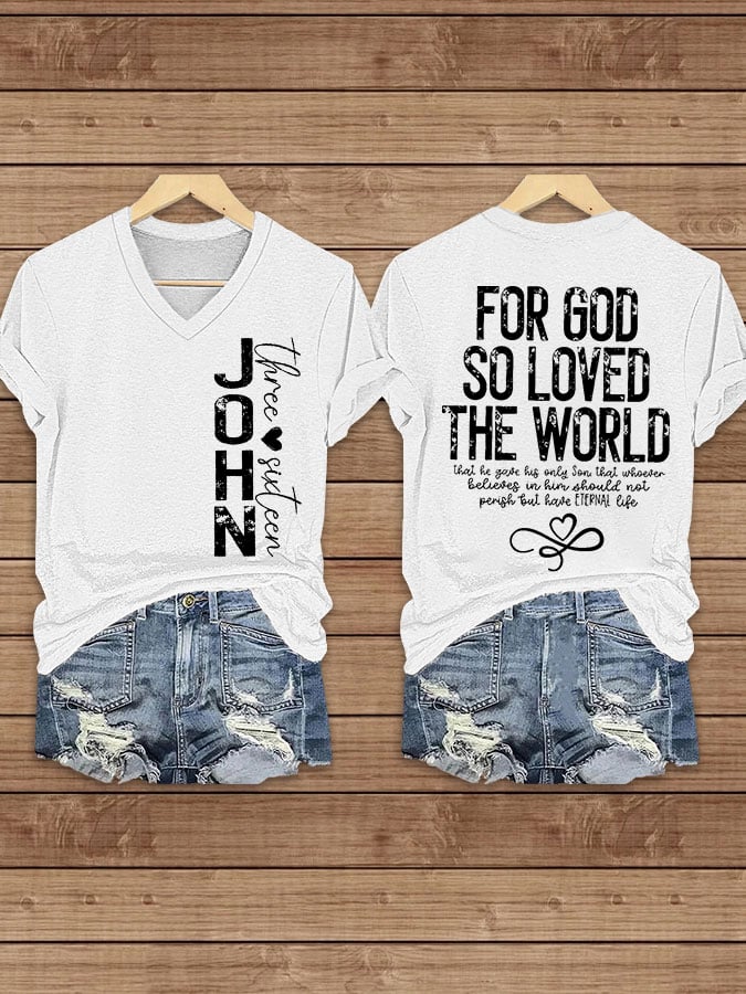 Women's For God So Loved The World John 3:16 Printed V-Neck T-Shirt