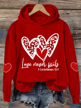 Women's Love Never Fails Heart Printed Sweatshirt