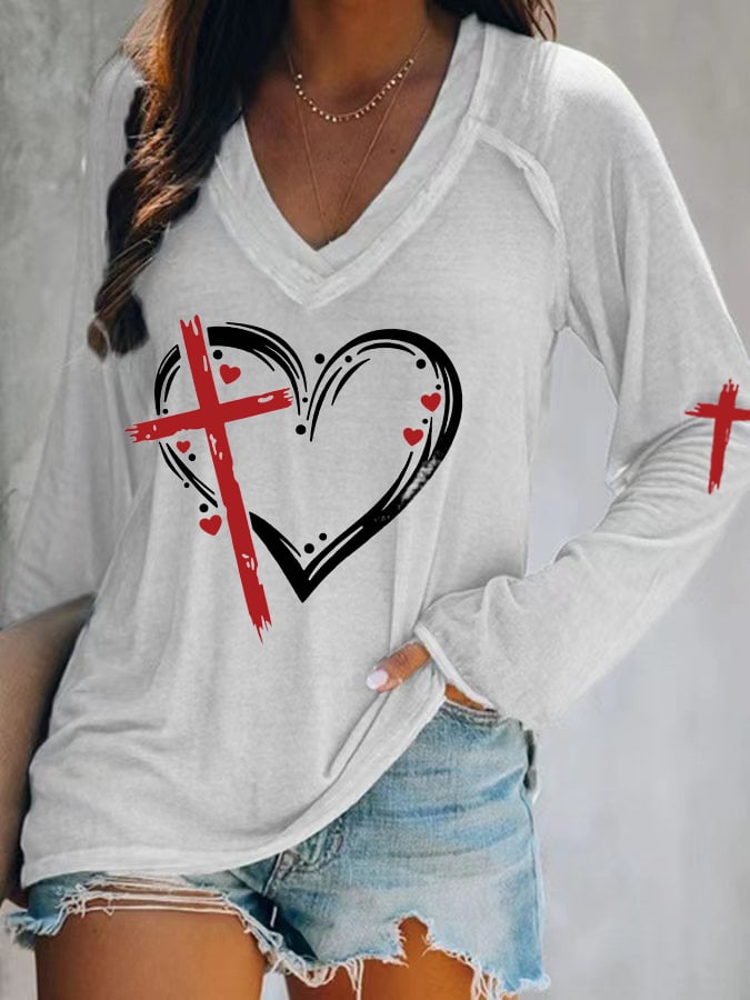Women's Heart Cross Print T-Shirt