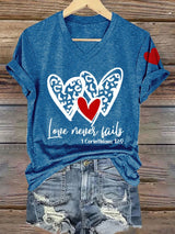 Women's Love Never Fails Heart Printed Casual V-Neck T-Shirt