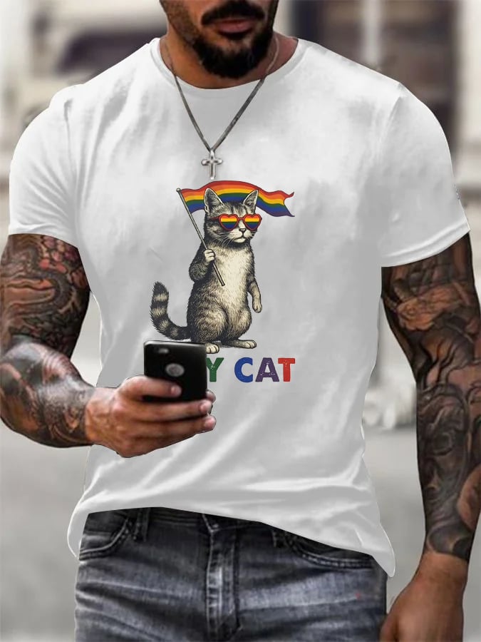 Men's Gay Month Rainbow Print Casual Crew Neck   T-Shirt