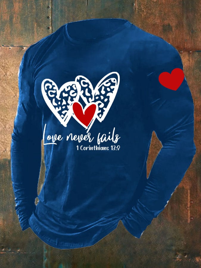 Men's Love Never Fails Heart Print Long Sleeve Top