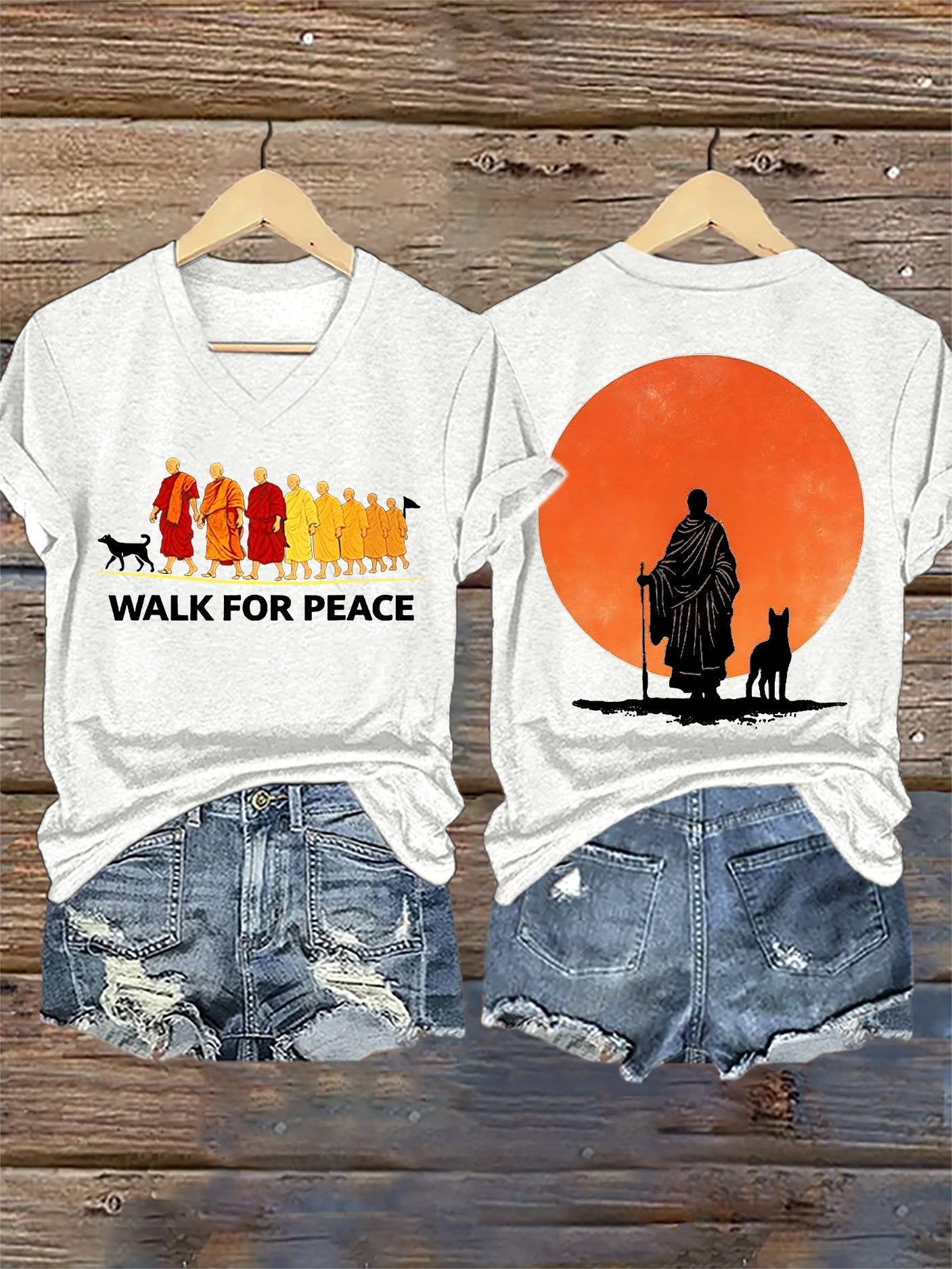 V-Neck Retro Walk For Peace Monks With Aloka Dog Print T-Shirt