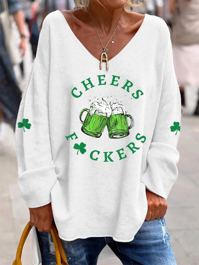 Women's Funny St. Patrick's Day Cheers Green Beer Shamrock Print Casual V-Neck Top
