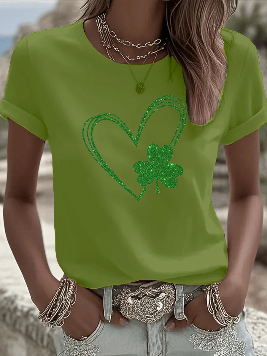 St. Patrick'S Day Heart Pattern Round-Neck 100% Cotton 180g T-Shirt
