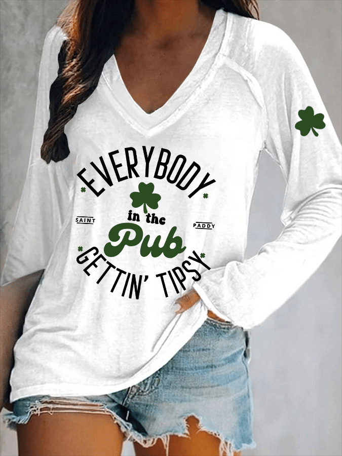 Women's Everybody In The Pub Getting Tipsy St. Patrick's Day Print V-Neck T-Shirt