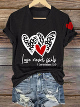 Women's Love Never Fails Heart Printed Casual V-Neck T-Shirt