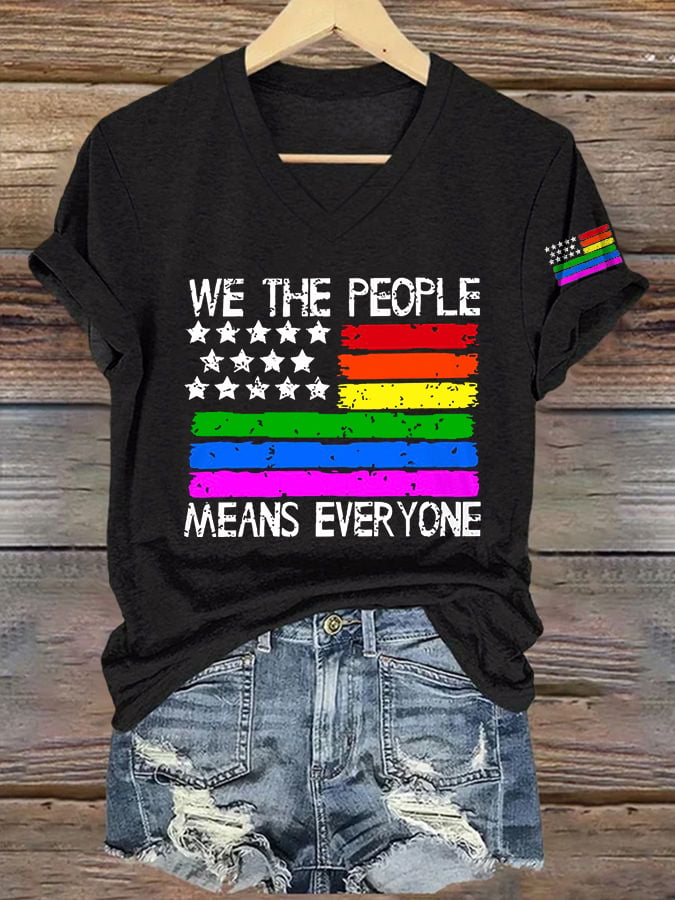 V-Neck Retro We The People Means Everyone Print T-Shirt