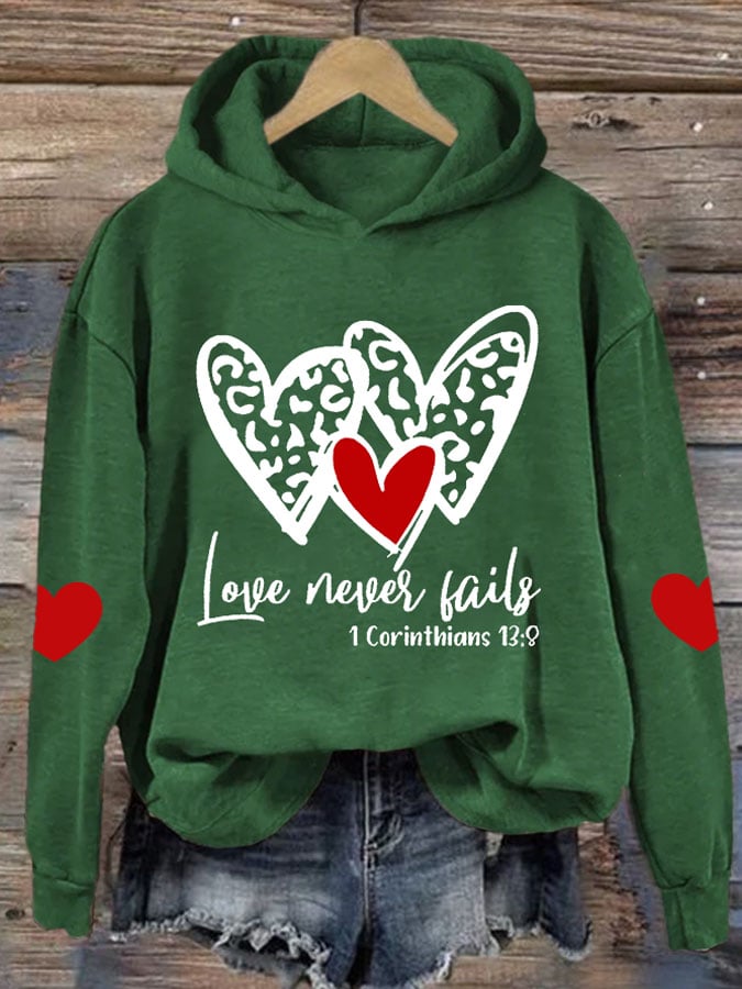 Women's Love Never Fails Heart Printed Sweatshirt