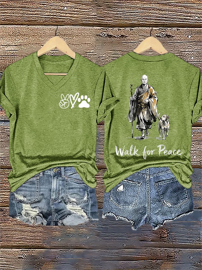 V-Neck Retro Walk For Peace Monks With Aloka Dog Print T-Shirt