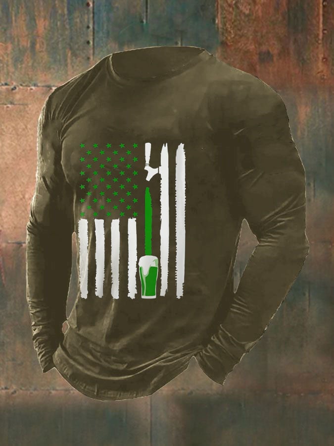 Men's Funny Green Beer Flag St. Patrick's Day Print Casual Long-Sleeve T-Shirt