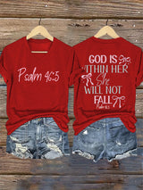 V-Neck Retro God Is Within Her She Will Not Fall Psalms 46:5 Print T-Shirt