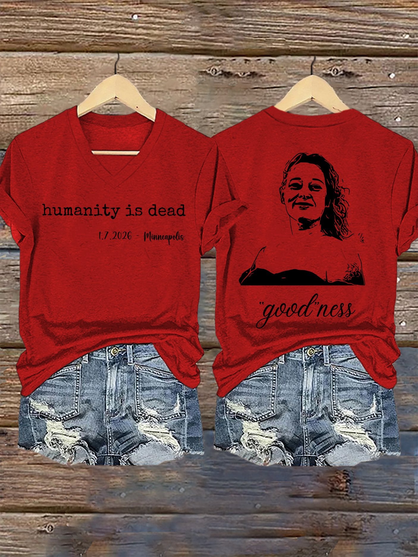V-Neck Retro Humanity Is Dead 1.7.2026 Minneapolis Goodness Print T-Shirt