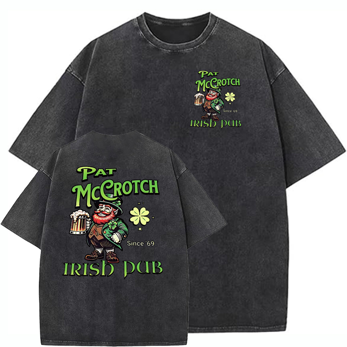 St.Patrick's Day Print Pattern Washed Distressed Crew Neck 100% Cototon T-Shirt