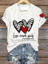 Women's Love Never Fails Heart Printed Casual V-Neck T-Shirt
