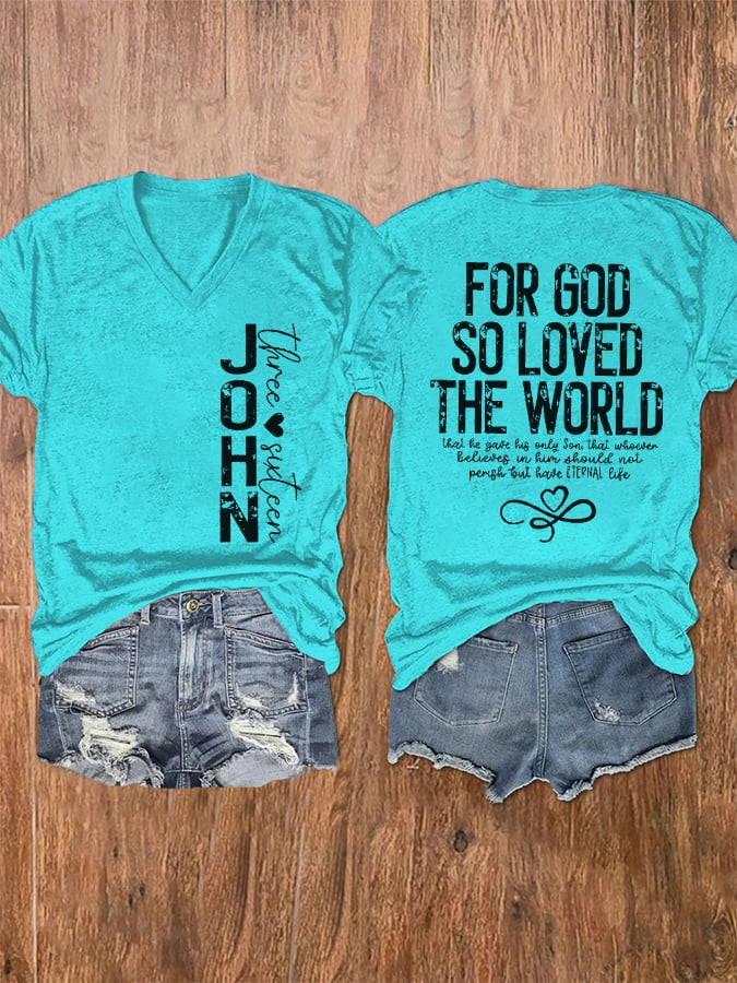 Women's John 3:16 For God So Loved The World Printed V-Neck T-Shirt