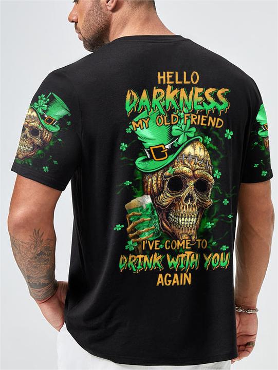 Men's St. Patricks Day St. Patricks Day Hello Darkness My Old Friend Beer Skull Print T-Shirt