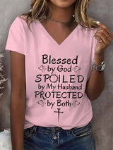 Women's Blessed by God Spoiled by my Husband Protected by Both Print T-Shirt