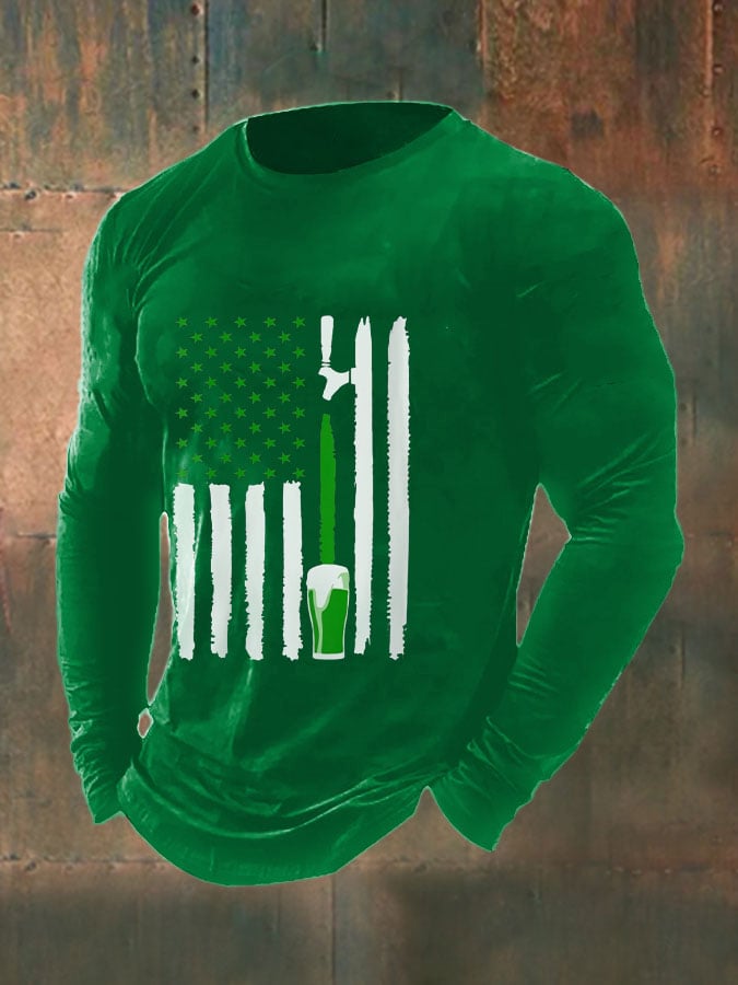 Men's Funny Green Beer Flag St. Patrick's Day Print Casual Long-Sleeve T-Shirt